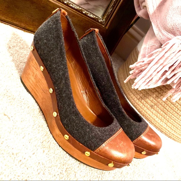 Tory Burch Wooden, Wool & Leather Platform Wedges - Picture 3 of 5